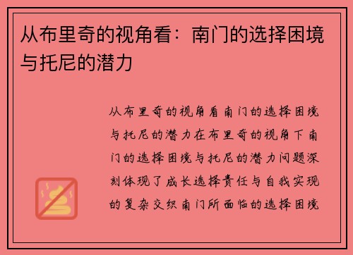 从布里奇的视角看：南门的选择困境与托尼的潜力