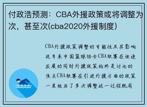 付政浩预测：CBA外援政策或将调整为次，甚至次(cba2020外援制度)